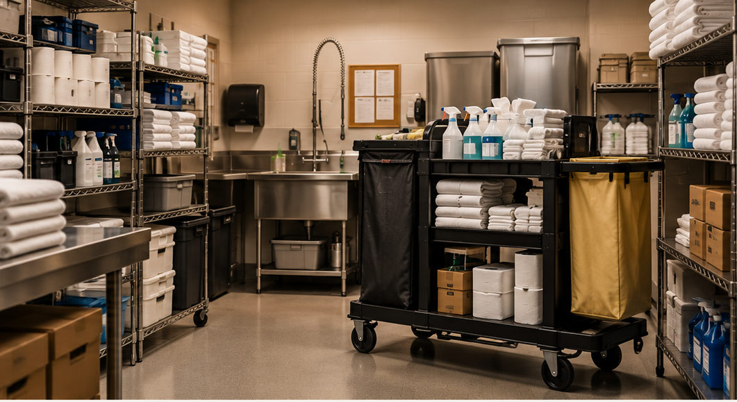Organized hotel back-office storeroom with housekeeping supplies
