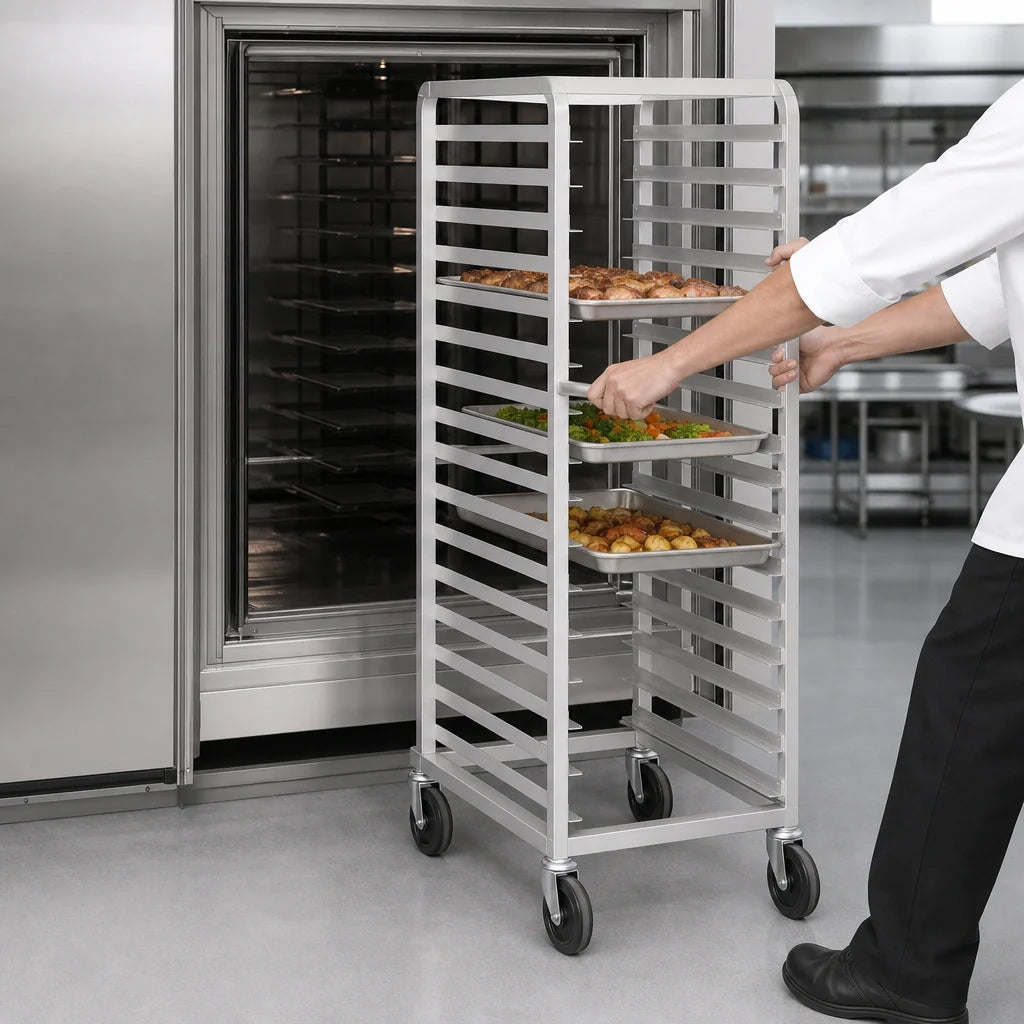 Advance Tabco CFL20 Front-Load Aluminum Roll-In Oven Rack, 20-Pan Capacity, 18 x 26-Inch Pans, 4-Inch Casters