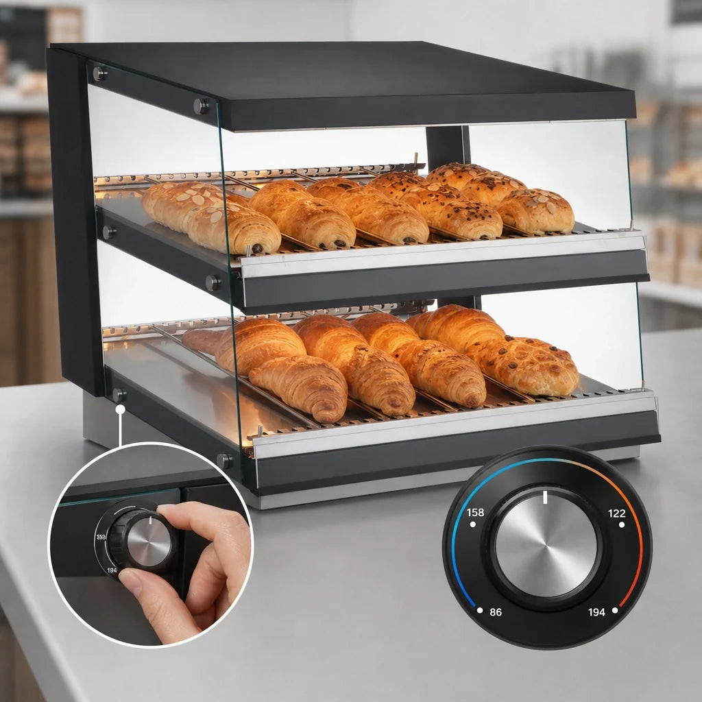 DoughXpress BakeryXpress DXP-HGG01 Countertop Self-Service Heated Food Display Case, Stainless Steel, 2 Slanted Shelves, 31.5-Inch Wide