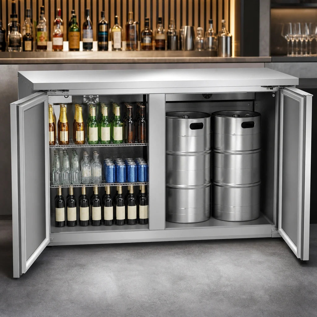 Beverage Air BB58HC-S Two-Section Solid-Door Back Bar Refrigerator, 58-Inch Wide, Stainless Steel, Self-Contained R290