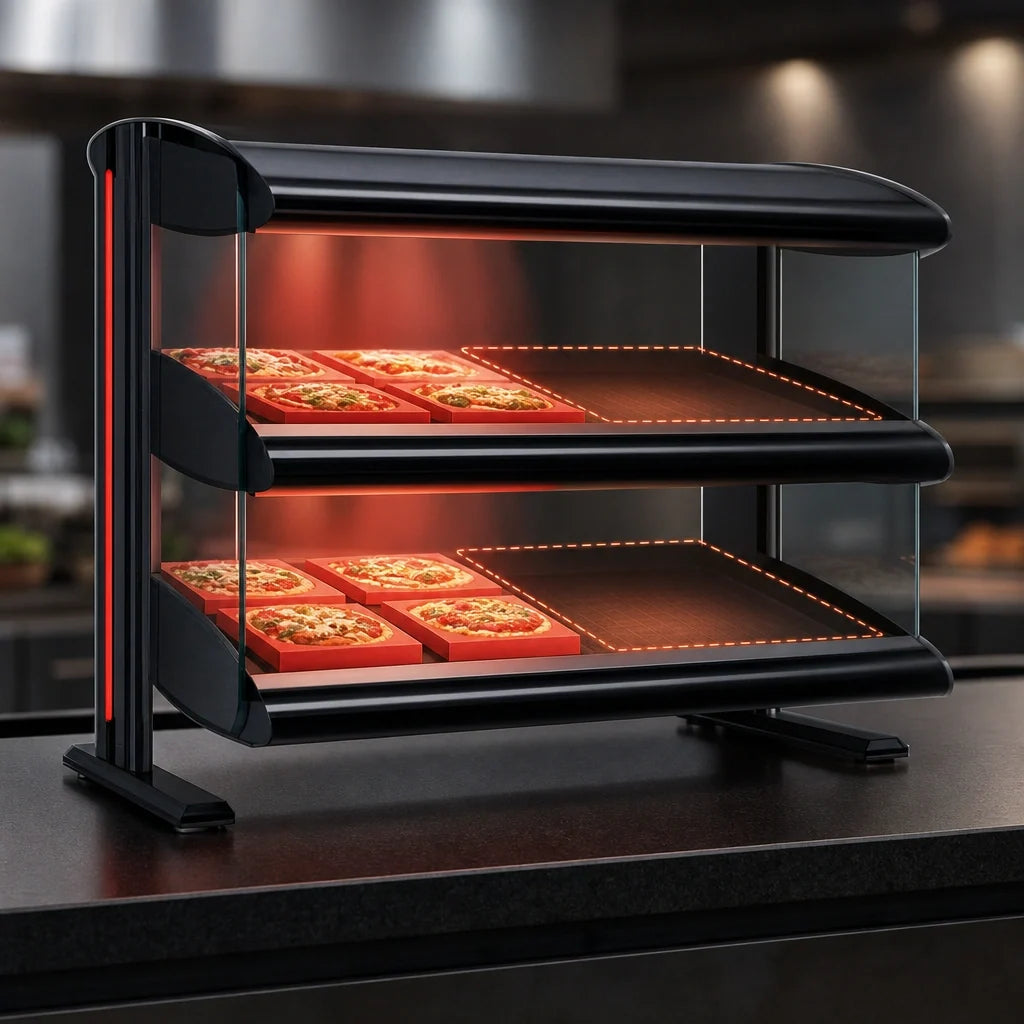 Hatco Spot On® HZMH-30D Countertop Dual-Shelf Heated Zone Merchandiser, Thermostatic Infrared Heat, LED Lighting, Designer Black