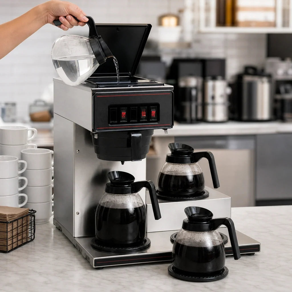 BUNN 13300.0003 Pourover Commercial Drip Coffee Maker with 3 Warmers, Manual Water Fill, 120V