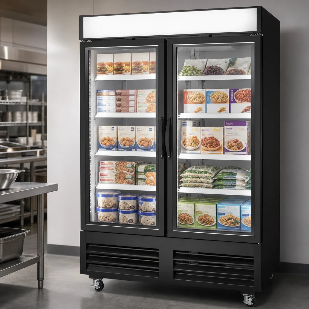 Arctic Air AFGDM49 54-Inch Two-Section Glass Door Merchandiser Freezer, 49 Cu. Ft., Black, Bottom-Mounted Self-Contained Refrigeration