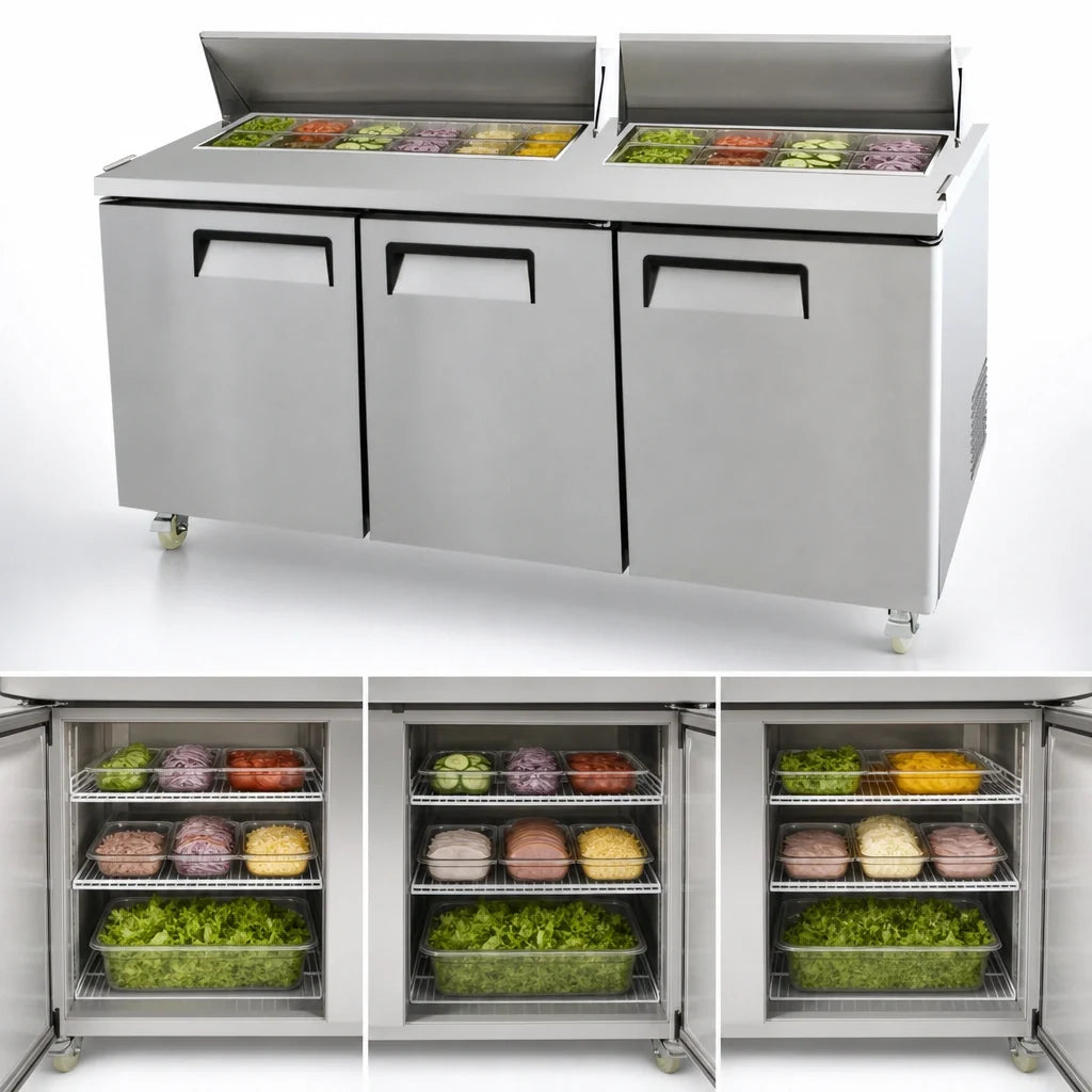 Atosa MSF8308GR Three-Section Mega Top Sandwich/Salad Prep Refrigerator, 72.7-Inch, 30-Pan, Rear-Mounted Self-Contained, Stainless Steel