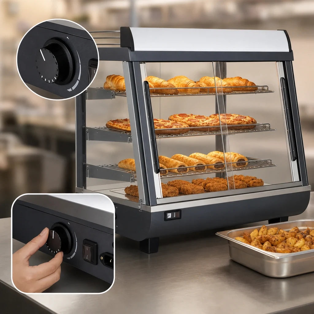 DoughXpress BakeryXpress DXP-TSC27 27-Inch Heated Countertop Self-Service Hot Food Display Case, 3 Adjustable Shelves, 85-190°F