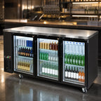 BK Resources BB-3G-72 72-Inch Three-Door Glass Back Bar Refrigerator with LED Lighting, Electronic Controls and Black Vinyl Exterior