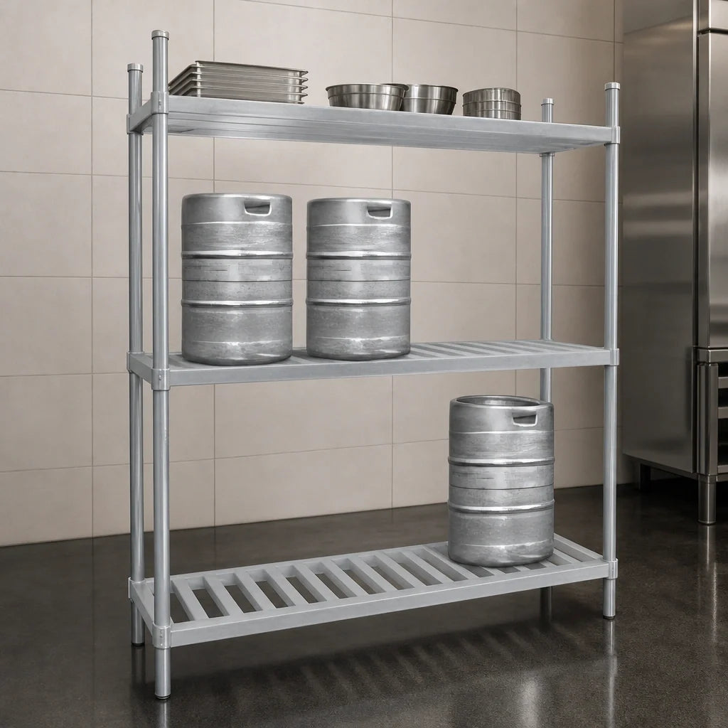 Advance Tabco KR-42 42-Inch Aluminum 3-Shelf Keg Rack, 4-Keg Capacity, Fully Adjustable 20-Inch-Deep Shelves