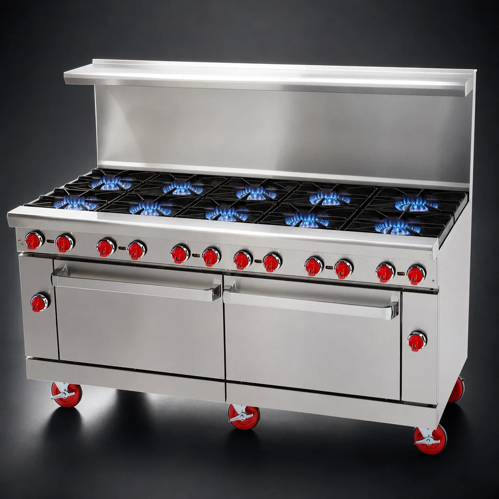 American Range AR-12 72-Inch Commercial Gas Range with 12 Open Burners, 2 Standard Ovens, Stainless Steel Front & Sides, and Back Riser Shelf