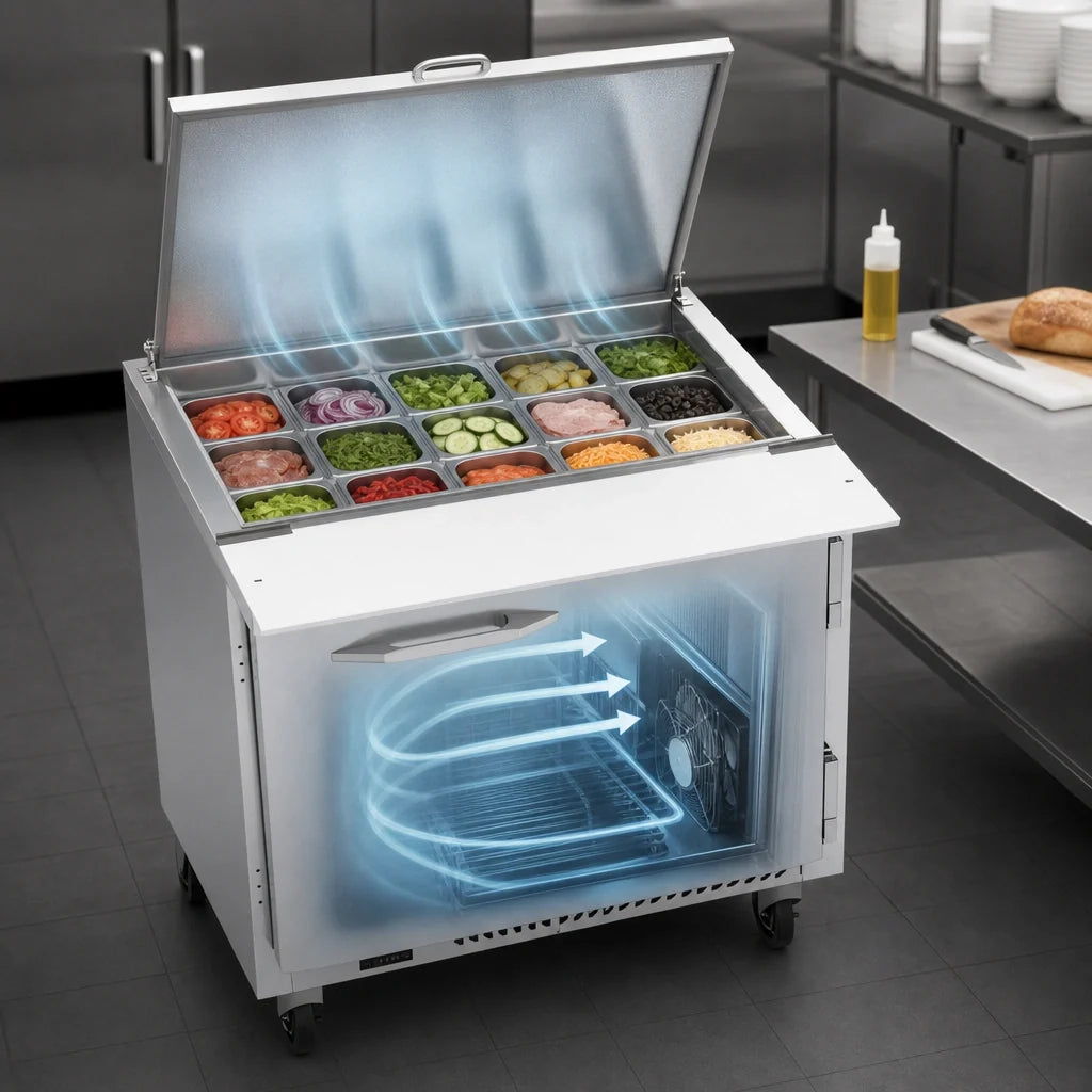 Victory Refrigeration UltraSpec™ VSP36HC-15B 36-Inch 1-Door Self-Contained 15-Pan Mega-Top Sandwich Prep Refrigerator