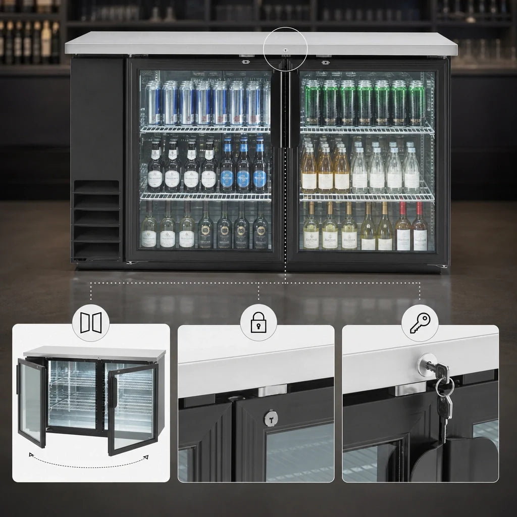 Arctic Air ABB60G Two-Section Glass Door Back Bar Refrigerator, 61-Inch, 16.7 Cu. Ft., Black, Side-Mounted Self-Contained