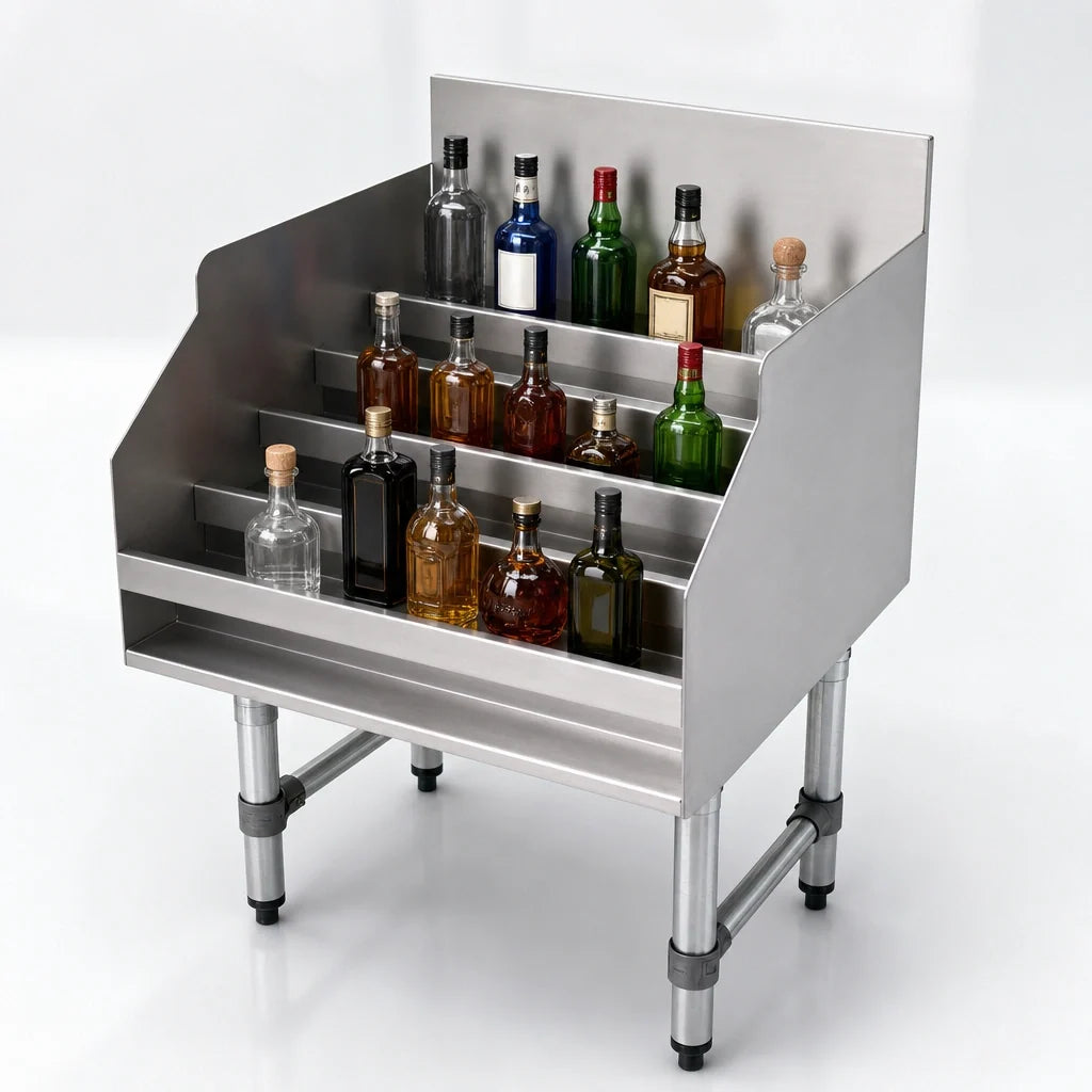 Advance Tabco Special Value Series LD-1824-X Freestanding Stainless Steel 5-Step Liquor Bottle Display, Approximately 30-Bottle Capacity