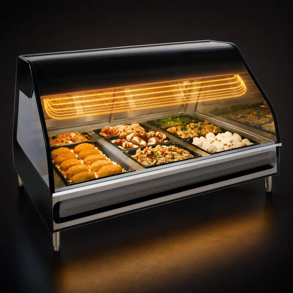 Alto-Shaam Halo Heat ED3-48 48-Inch Countertop Full-Service Heated Display Case, 3 Pan Sections, Curved Glass, Dual-Zone Heat, LED Lighting