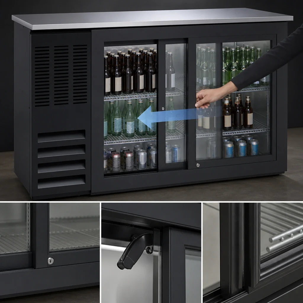 Beverage Air BB58HC-GS-B 58-Inch Two-Section Back Bar Refrigerator with Sliding Glass Doors, Stainless Steel Top, and Black Exterior