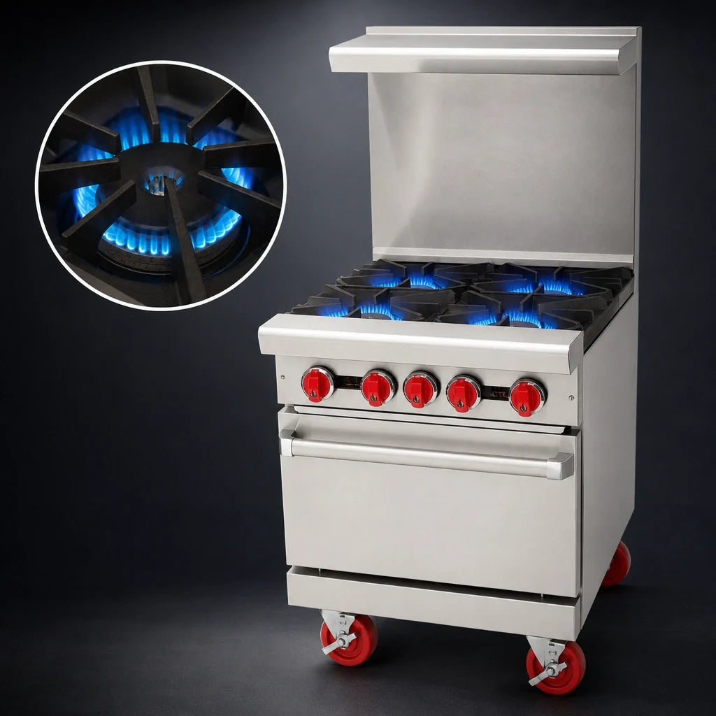 American Range AR-4 24-Inch Gas Restaurant Range with 4 Open Burners, 20-Inch Space Saver Oven and Back Riser Shelf