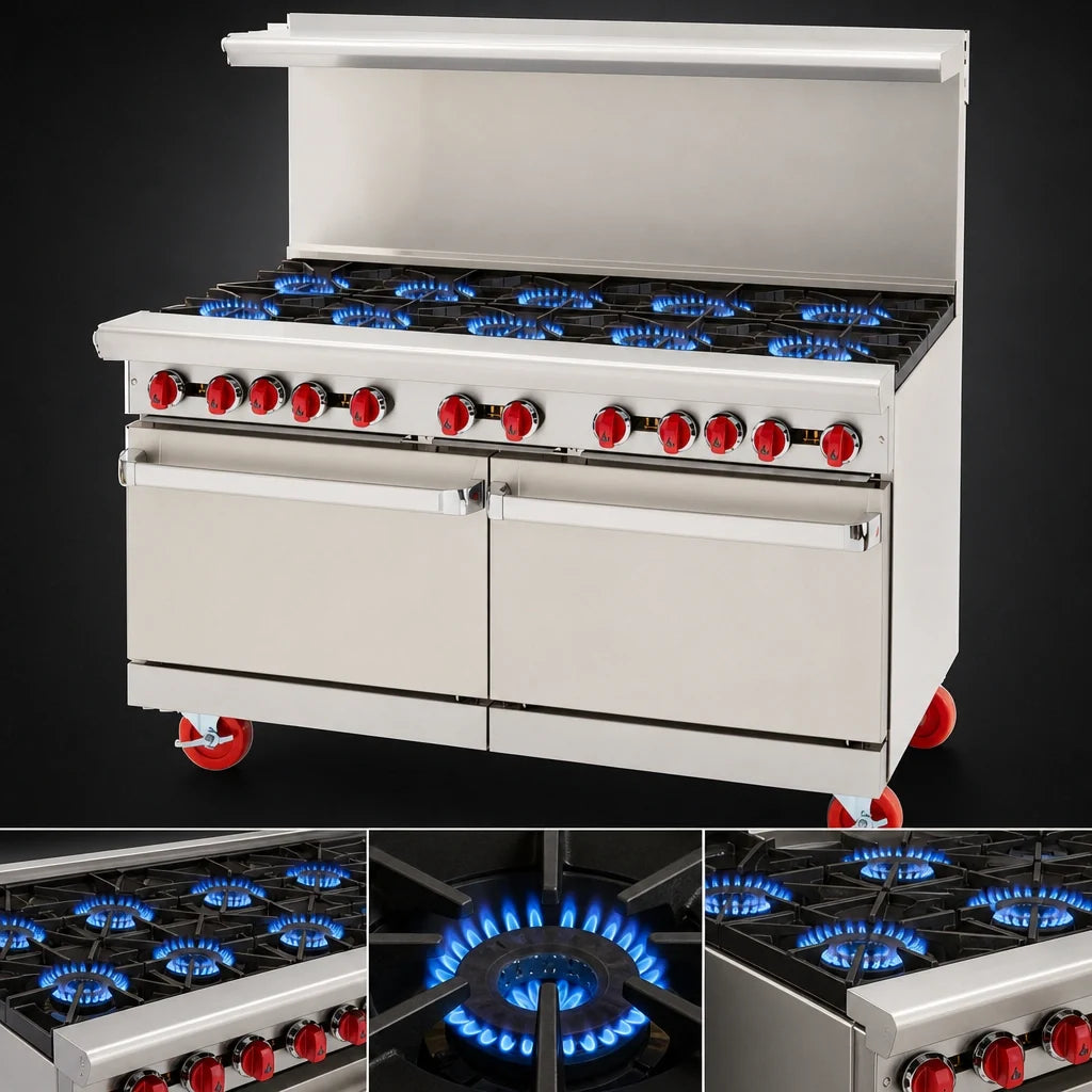 American Range AR-10 60-Inch Gas Restaurant Range with 10 Open Burners, 2 Standard Ovens and Stainless Steel Exterior