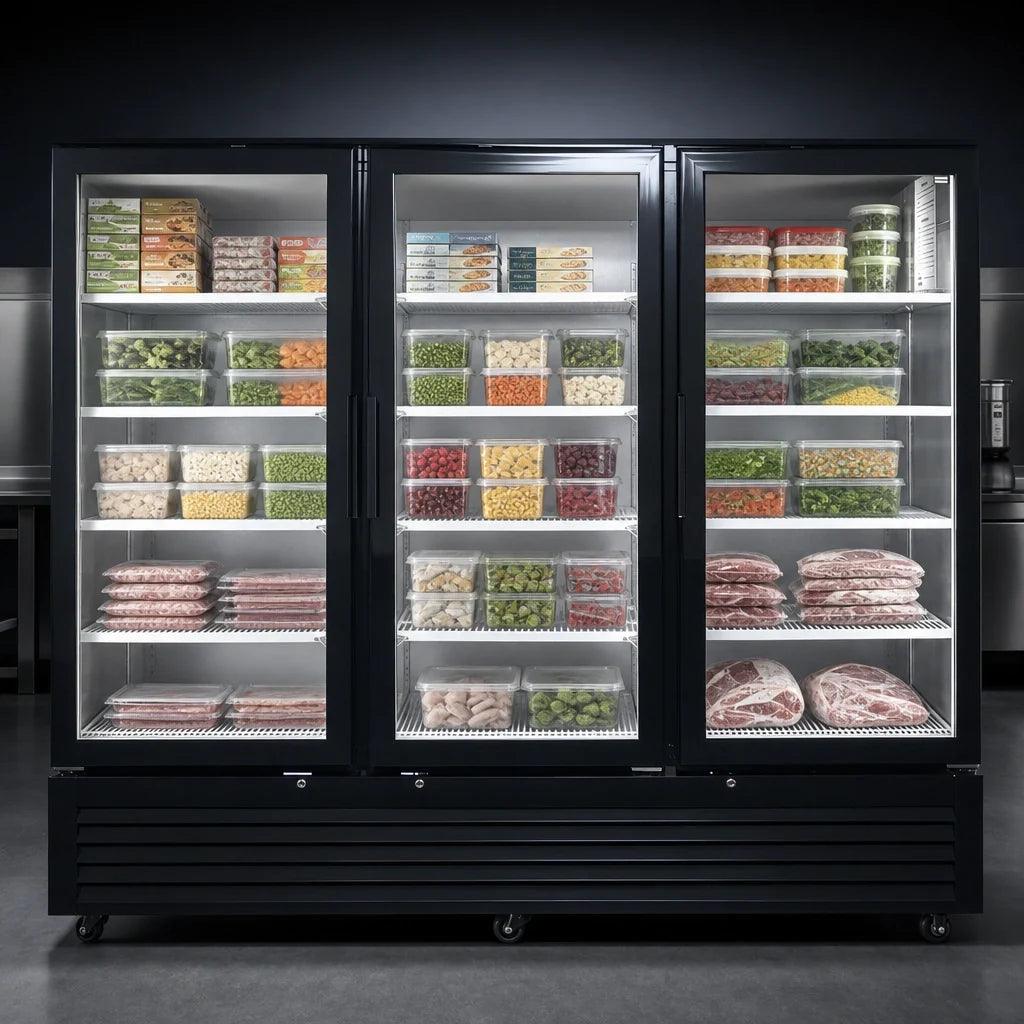 Atosa MCF8728GR Three-Section Glass Door Freezer Merchandiser, 68 Cu. Ft., Bottom-Mount Self-Contained, Black Exterior