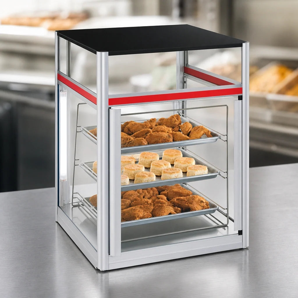 Hatco Flav-R-Savor® FSD-2X 2-Door Countertop Hot Food Holding and Display Cabinet with Stationary 3-Tier Pan Rack, LED Lighting, 120V