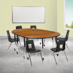 Flash Furniture Emmy XU-GRP-18CH-A3060CON-60-OAK-T-A-CAS-GG Adjustable Oval Activity Table Set with 6 Stack Chairs, Oak/Black Laminate