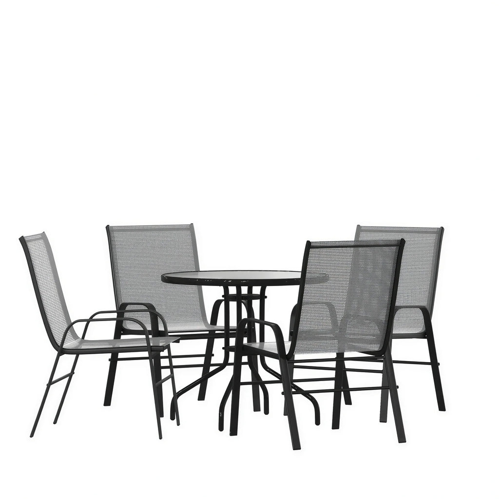 Flash Furniture TLH-0702303C-GY-GG 5-Piece Outdoor Patio Dining Set with 31.5-Inch Round Tempered Glass Table and 4 Gray Stack Chairs