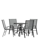 Flash Furniture TLH-0702303C-GY-GG 5-Piece Outdoor Patio Dining Set with 31.5-Inch Round Tempered Glass Table and 4 Gray Stack Chairs
