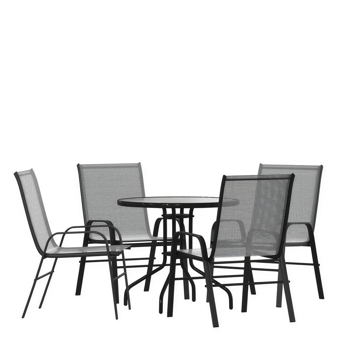 Flash Furniture TLH-0702303C-GY-GG 5-Piece Outdoor Patio Dining Set with 31.5-Inch Round Tempered Glass Table and 4 Gray Stack Chairs