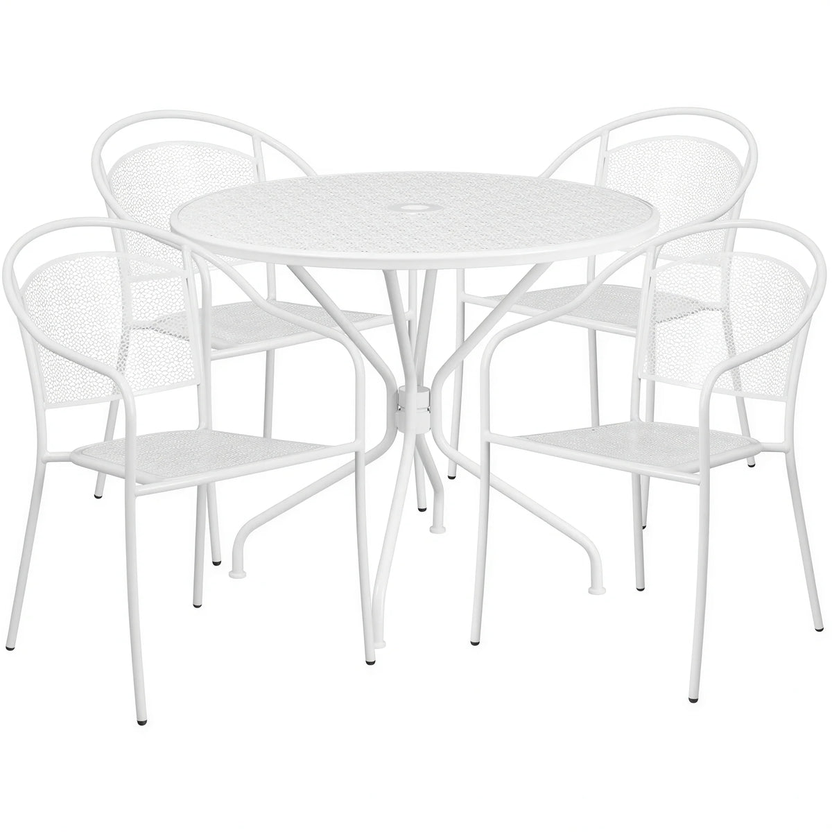 Flash Furniture CO-35RD-03CHR4-WH-GG Patio Table Set with Round White Steel Table and 4 Stacking Arm Chairs