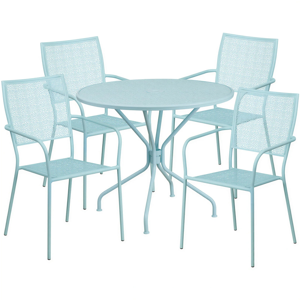 Flash Furniture CO-35RD-02CHR4-SKY-GG Round Steel Patio Table Set with 4 Sky Blue Stacking Arm Chairs, 35-1/4" Table, 28-3/4"H