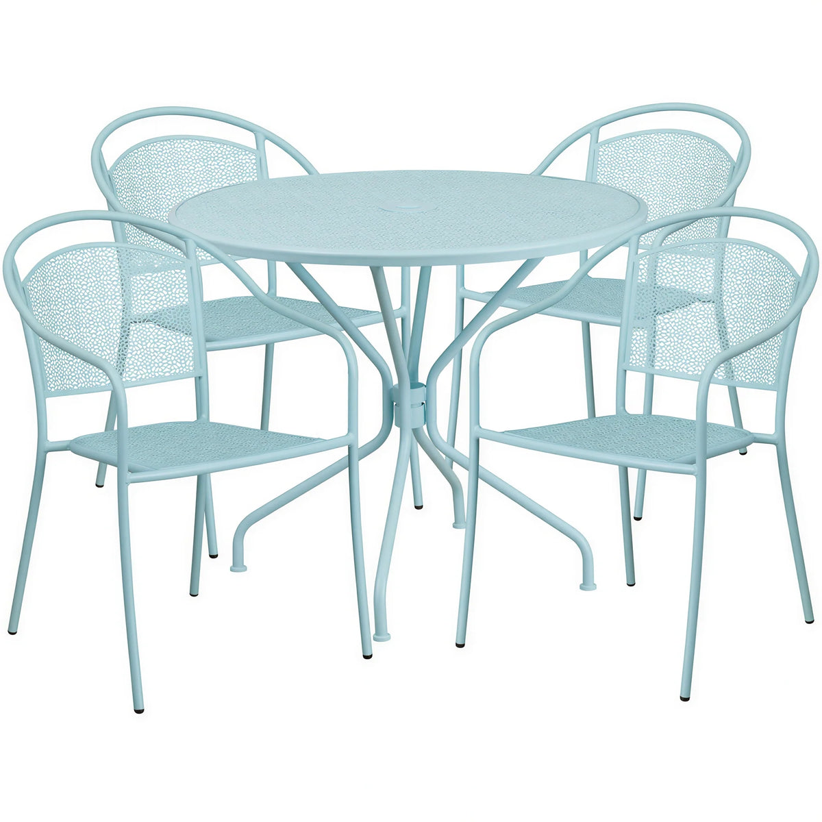 Flash Furniture CO-35RD-03CHR4-SKY-GG Round Steel Patio Table Set with 4 Stacking Arm Chairs, Sky Blue, 35-1/4" Diameter