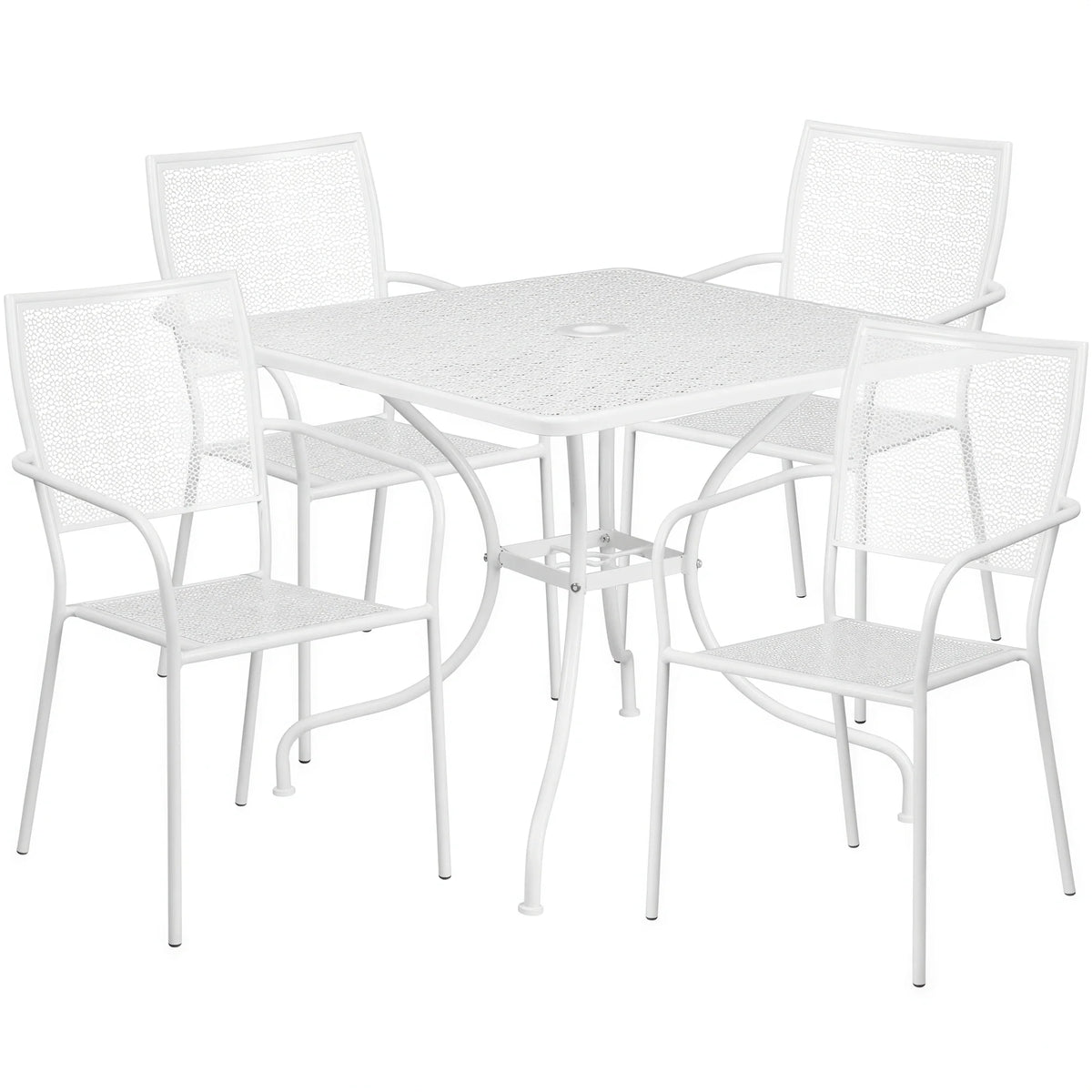 Flash Furniture CO-35SQ-02CHR4-WH-GG Square Steel Patio Table Set, 35-1/2" Table, 4 White Stacking Arm Chairs