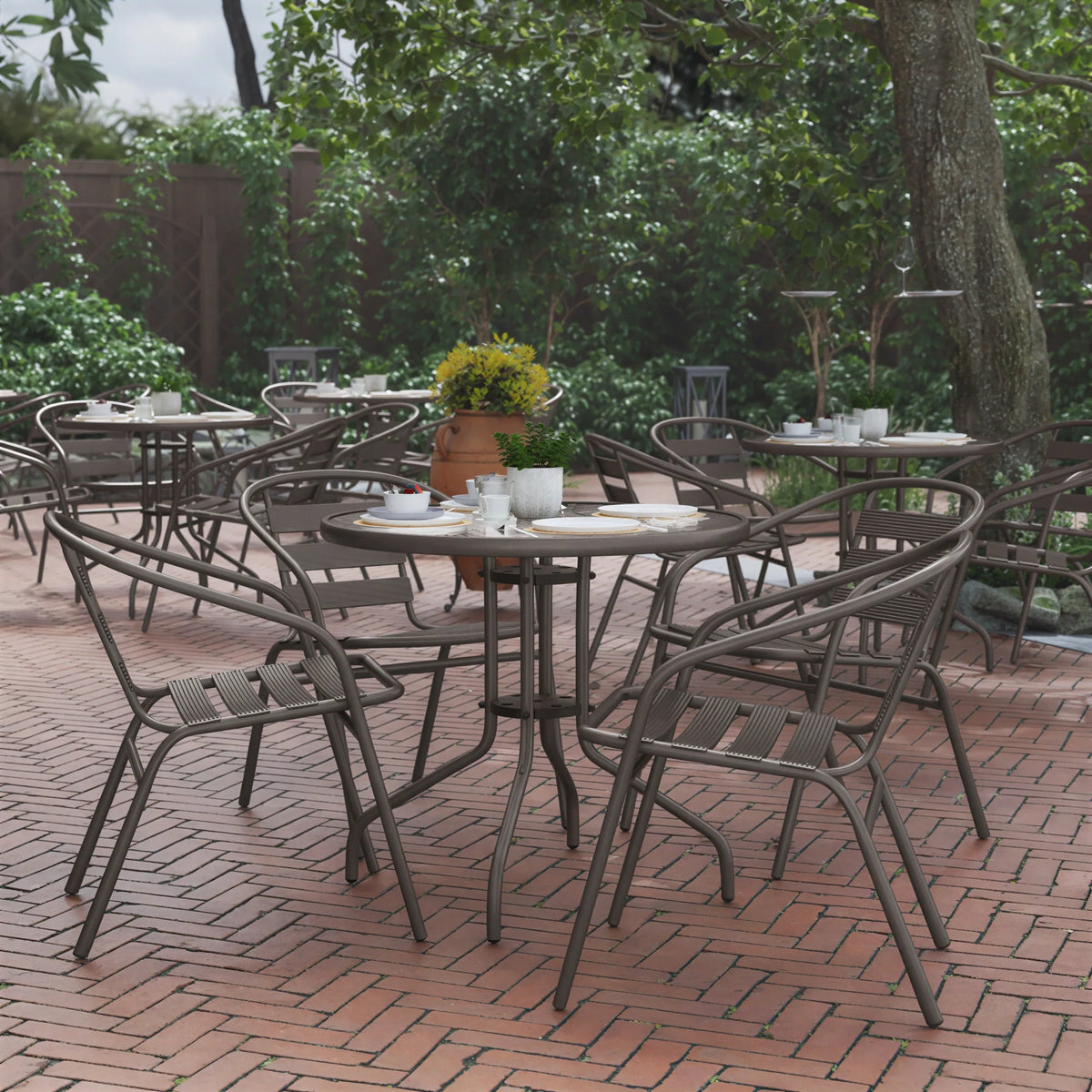 Flash Furniture TLH-072RD-017CBZ4-GG 31-1/2" Round Glass-Top Metal Table Set with 4 Bronze Aluminum Slat Stack Chairs