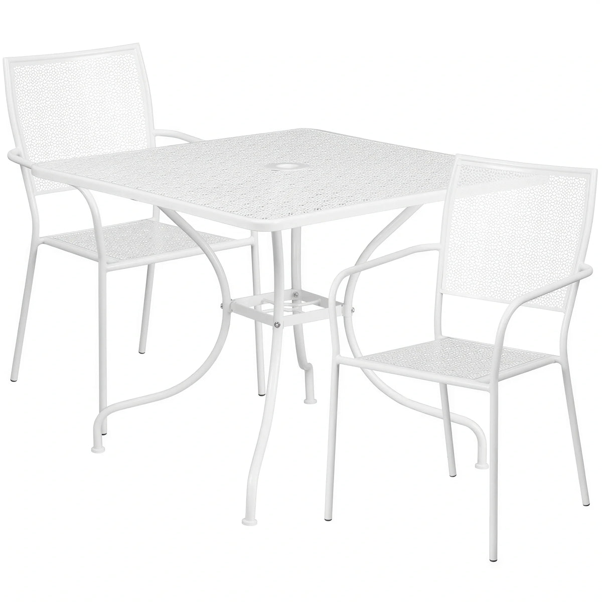 Flash Furniture CO-35SQ-02CHR2-WH-GG Square Patio Table Set, 35-1/2" Table, 28-3/4" High, 2 White Stacking Arm Chairs