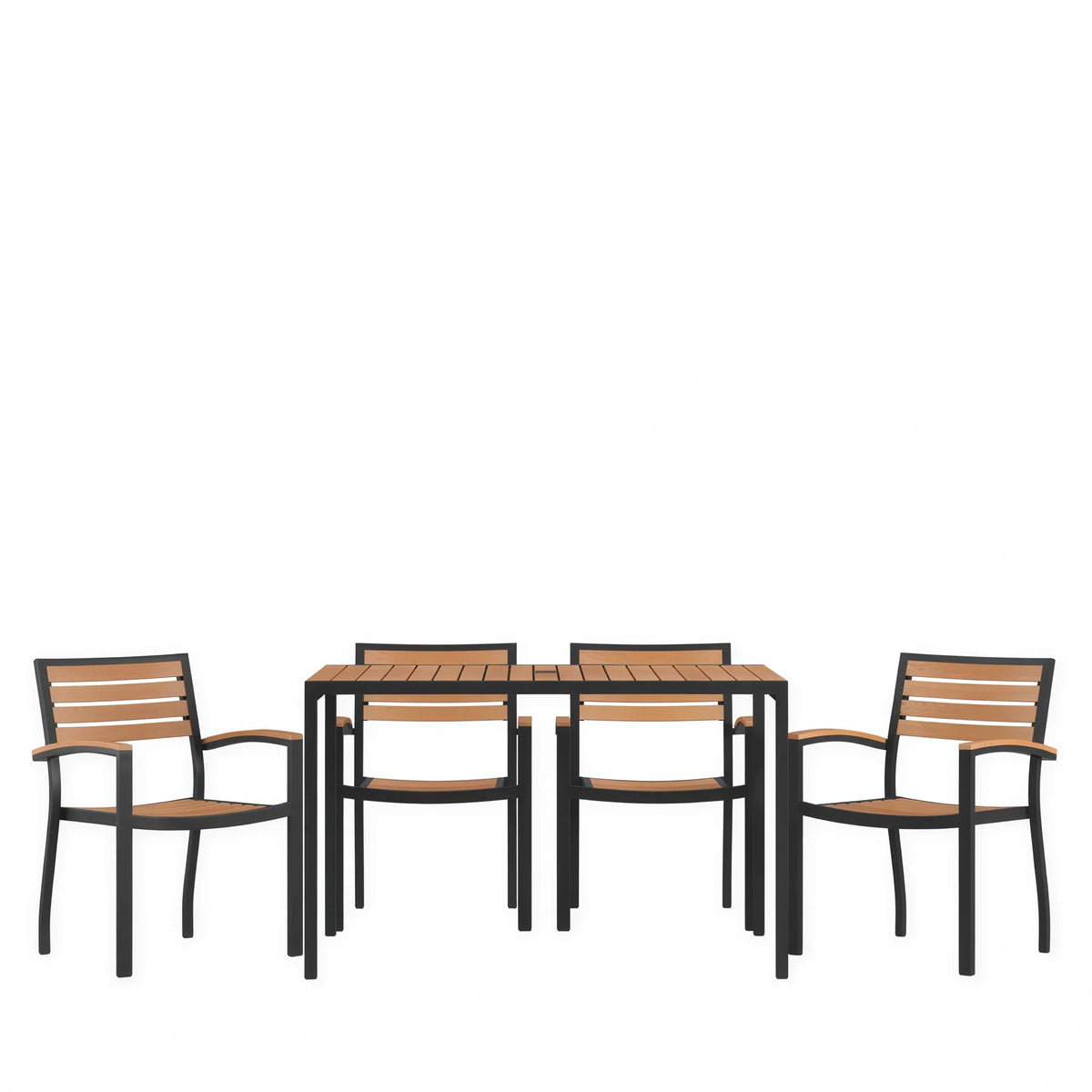Flash Furniture XU-DG-304860064-GG Patio Dining Table Set with 4 Stacking Chairs, Rectangular Synthetic Teak Top, Umbrella Hole