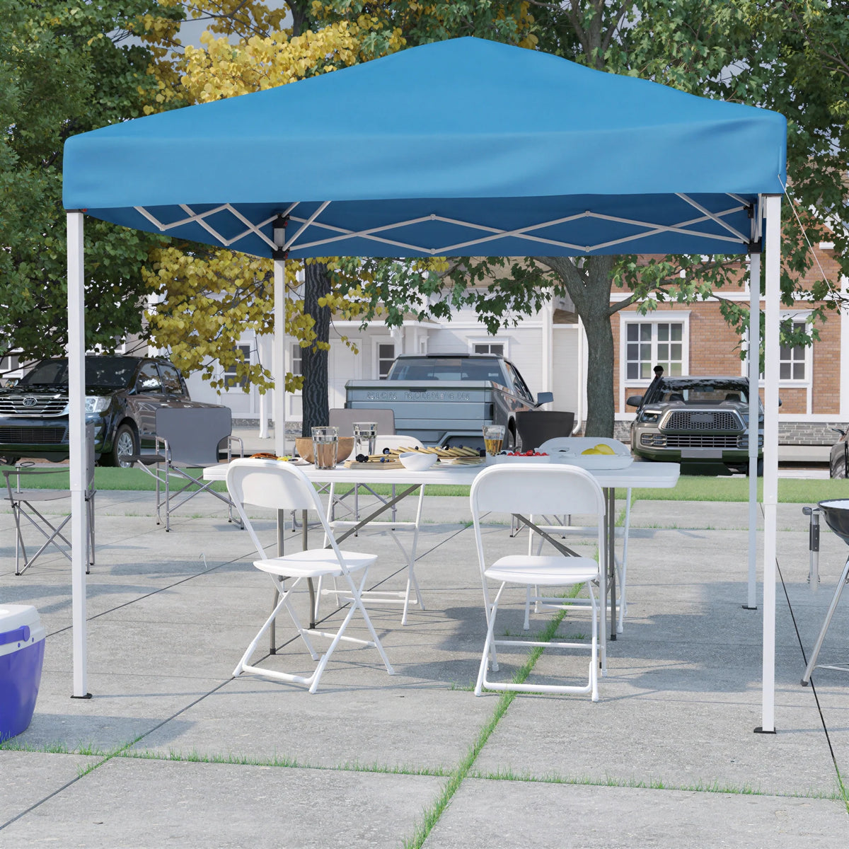 Flash Furniture JJ-GZ88183Z-4LEL3-BLWH-GG 8' x 8' Blue Pop-Up Canopy, 6' Folding Table and 4 White Folding Chairs Set