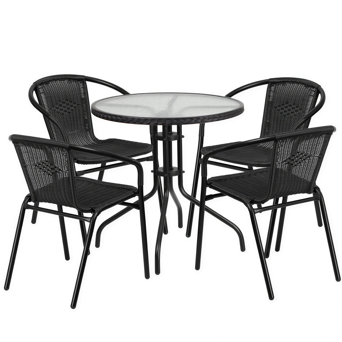 Flash Furniture TLH-087RD-037BK4-GG 28" Round Glass-Top Table Set with 4 Black Rattan Stacking Cafe Armchairs