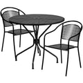 Flash Furniture CO-35RD-03CHR2-BK-GG Black Steel Patio Table Set with Round Table and 2 Stacking Arm Chairs