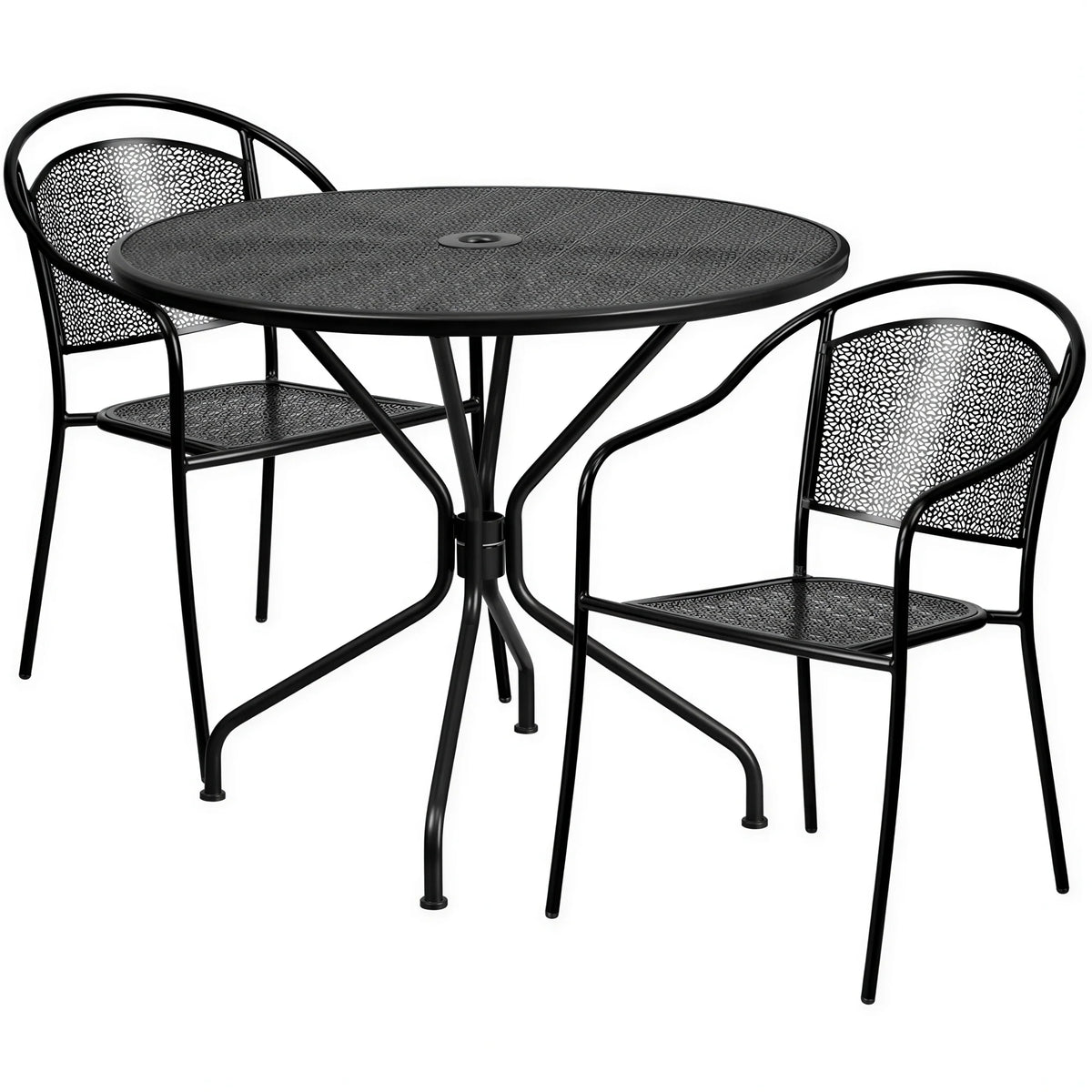 Flash Furniture CO-35RD-03CHR2-BK-GG Black Steel Patio Table Set with Round Table and 2 Stacking Arm Chairs