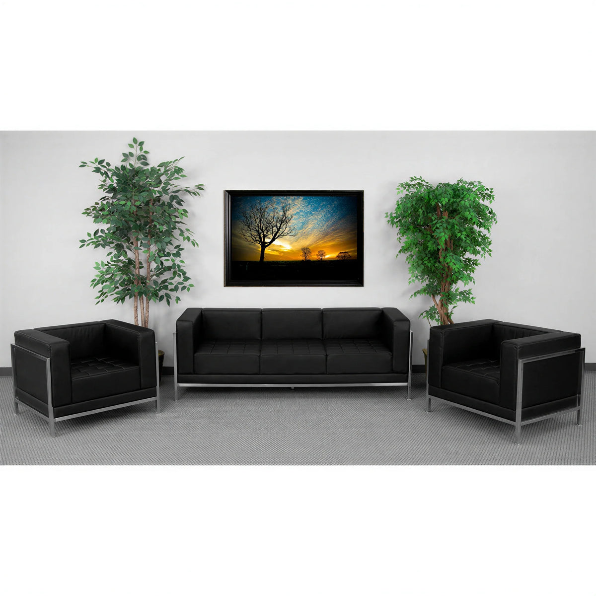 Flash Furniture Hercules - Imagination ZB-IMAG-SET3-GG Modular Sofa & 2 Armchairs Set, Black LeatherSoft Upholstery, Stainless Steel Legs