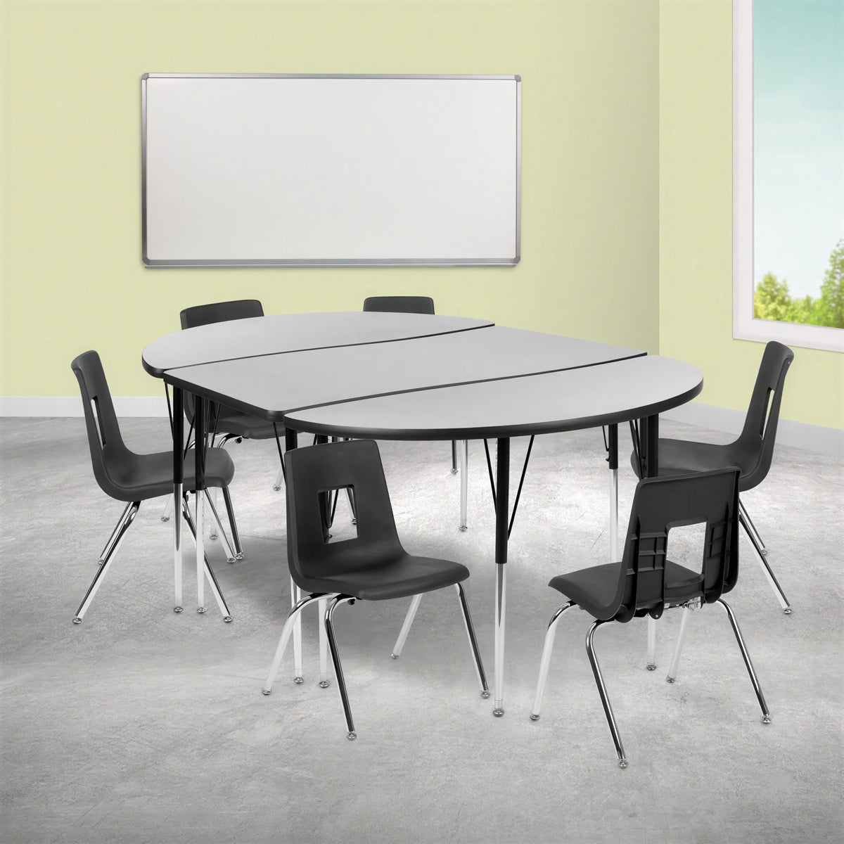 Flash Furniture Emmy XU-GRP-16CH-A3048CON-48-GY-T-A-GG Adjustable-Height Oval Laminate Activity Table with 6 Stack Chairs, Gray/Black