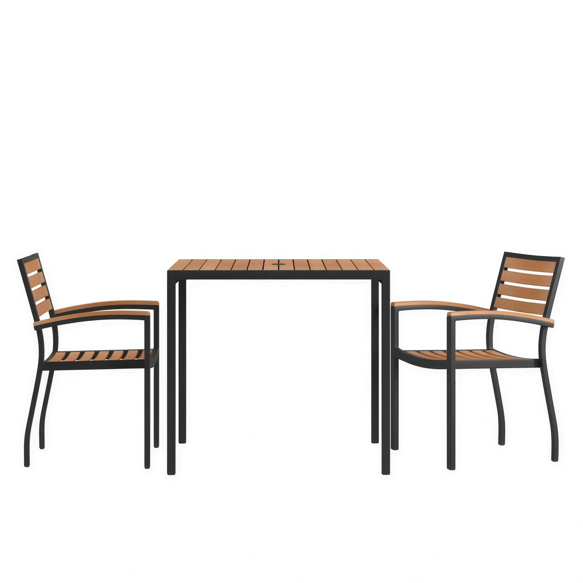 Flash Furniture XU-DG-810060062-GG 35" Square Patio Dining Table Set with Synthetic Teak Slotted Top, Umbrella Hole and 2 Stacking Chairs