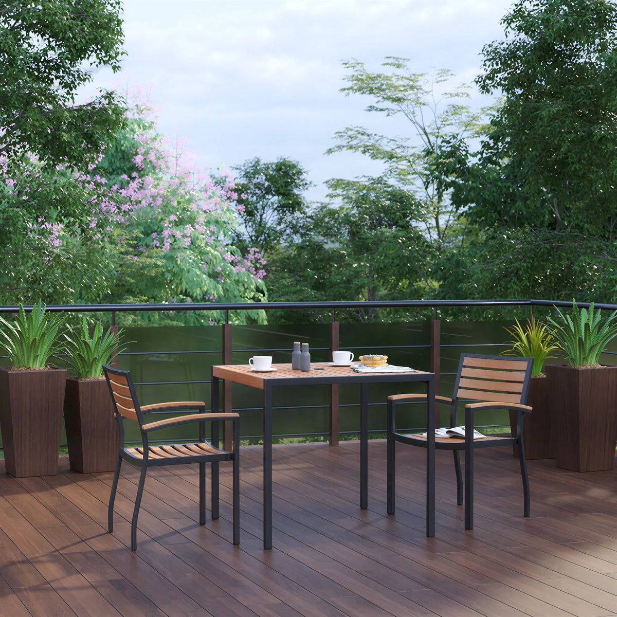 Flash Furniture XU-DG-810060062-GG 35" Square Patio Dining Table Set with Synthetic Teak Slotted Top, Umbrella Hole and 2 Stacking Chairs