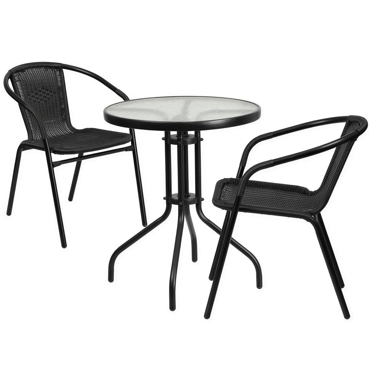 Flash Furniture TLH-071RD-037BK2-GG Round Glass-Top Table with Two Black Rattan Stacking Cafe Armchairs