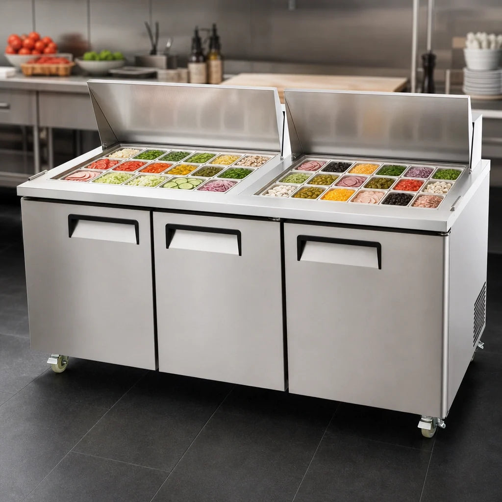 Atosa MSF8308GR Three-Section Mega Top Sandwich/Salad Prep Refrigerator, 72.7-Inch, 30-Pan, Rear-Mounted Self-Contained, Stainless Steel