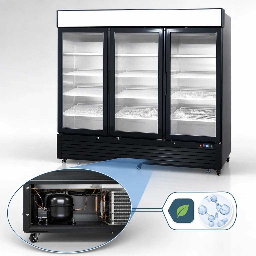 Atosa MCF8728GR Three-Section Glass Door Freezer Merchandiser, 68 Cu. Ft., Bottom-Mount Self-Contained, Black Exterior