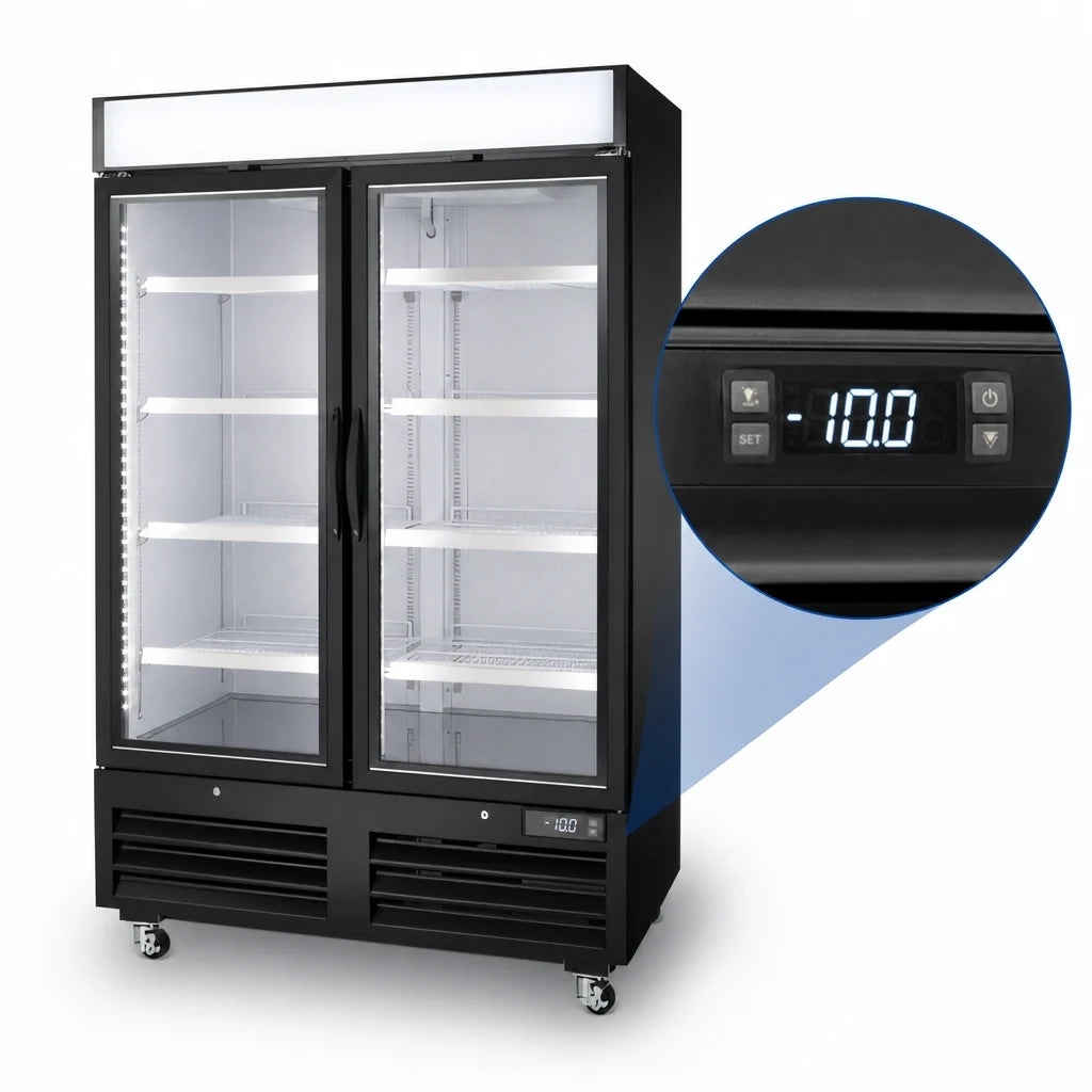 Arctic Air AFGDM49 54-Inch Two-Section Glass Door Merchandiser Freezer, 49 Cu. Ft., Black, Bottom-Mounted Self-Contained Refrigeration