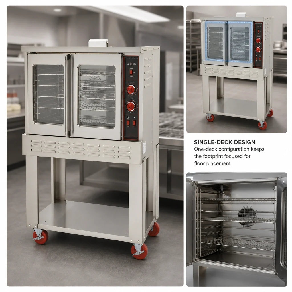 American Range ME-1 Single-Deck Bakery-Depth Electric Convection Oven with Thermostatic Controls and 50/50 Glass Doors