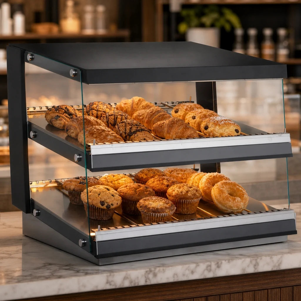DoughXpress BakeryXpress DXP-HGG01 Countertop Self-Service Heated Food Display Case, Stainless Steel, 2 Slanted Shelves, 31.5-Inch Wide