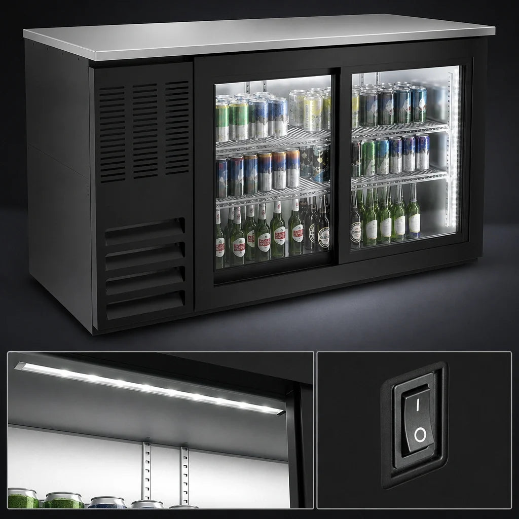 Beverage Air BB58HC-GS-B 58-Inch Two-Section Back Bar Refrigerator with Sliding Glass Doors, Stainless Steel Top, and Black Exterior