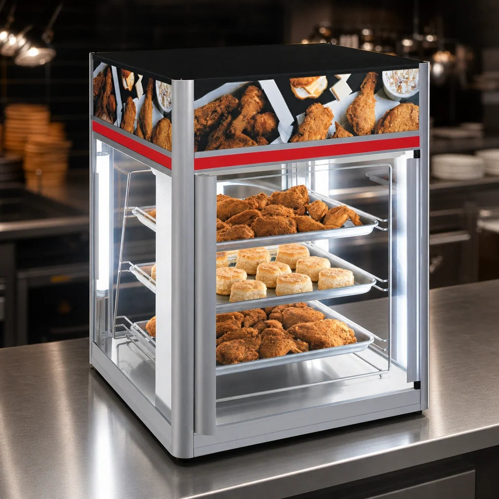Hatco Flav-R-Savor® FSD-2X 2-Door Countertop Hot Food Holding and Display Cabinet with Stationary 3-Tier Pan Rack, LED Lighting, 120V