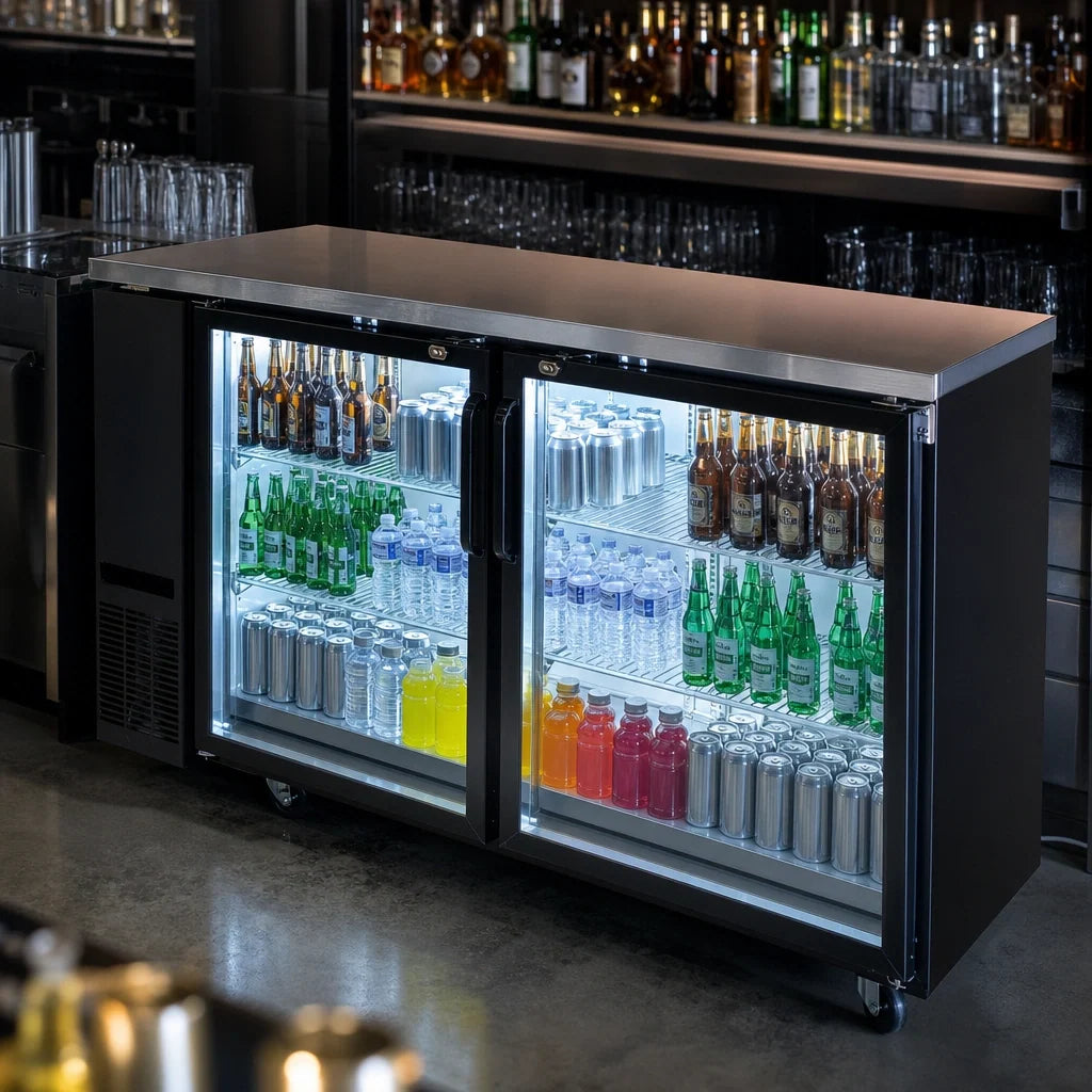 BK Resources BB-3G-72 72-Inch Three-Door Glass Back Bar Refrigerator with LED Lighting, Electronic Controls and Black Vinyl Exterior
