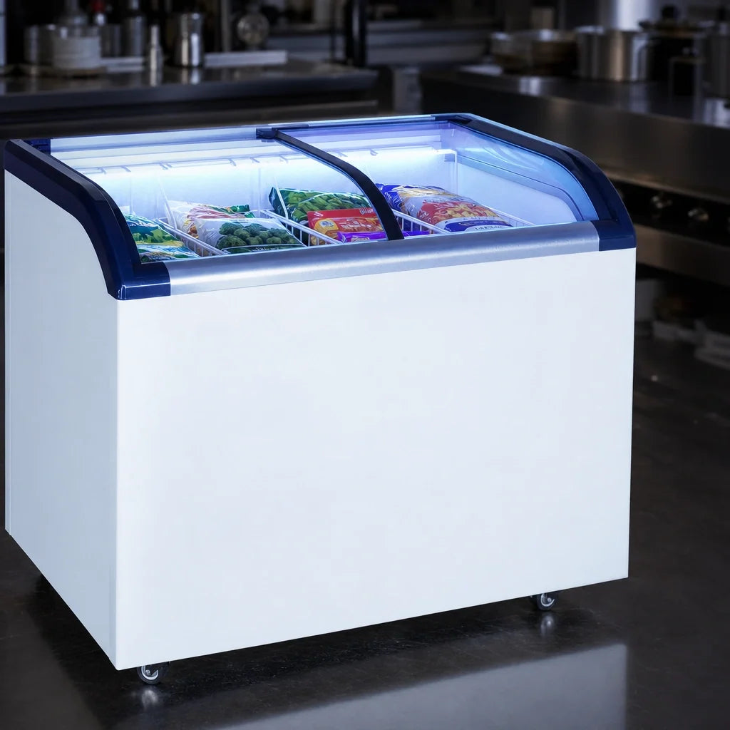 Admiral Craft Black Diamond BDCF-6-CG 6.4 Cu Ft Sliding Glass Top Chest Freezer with Curved Lid and LED Lighting